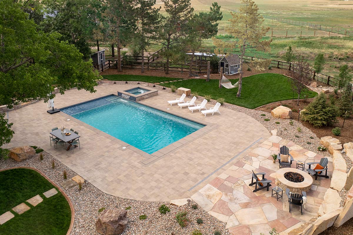 Aerial view of a custom landscape design created by Helios Landscape design in Longmont Colorado.
